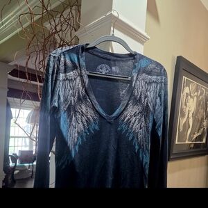 Affliction Black and Blue Angel Wing Long Sleeve Top